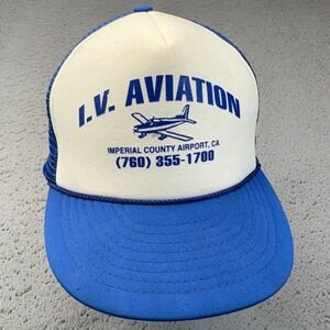 Vintage LV Aviation Hat Cap Snap Back Mens Blue White Trucker Airport Pilot 80s